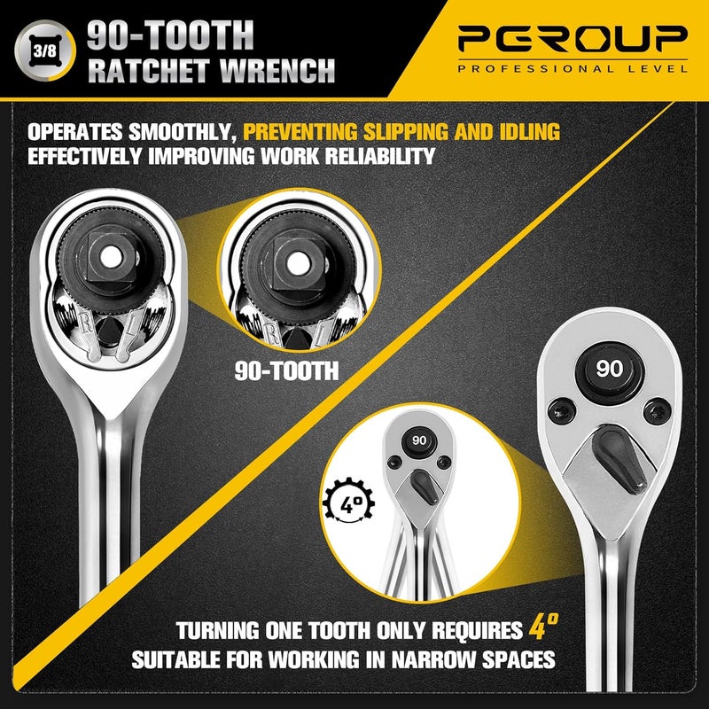 pgroup 3/8-Inch Drive Ratchet Wrench, 90-Tooth Quick-release Reversible Ratchet Wrench with an Extension Bar(3 inch), 6" Long Socket wrench, 4-Degree Swing, Full Polished,Cr-Mo Head For Gifting,Repairing - Image 3